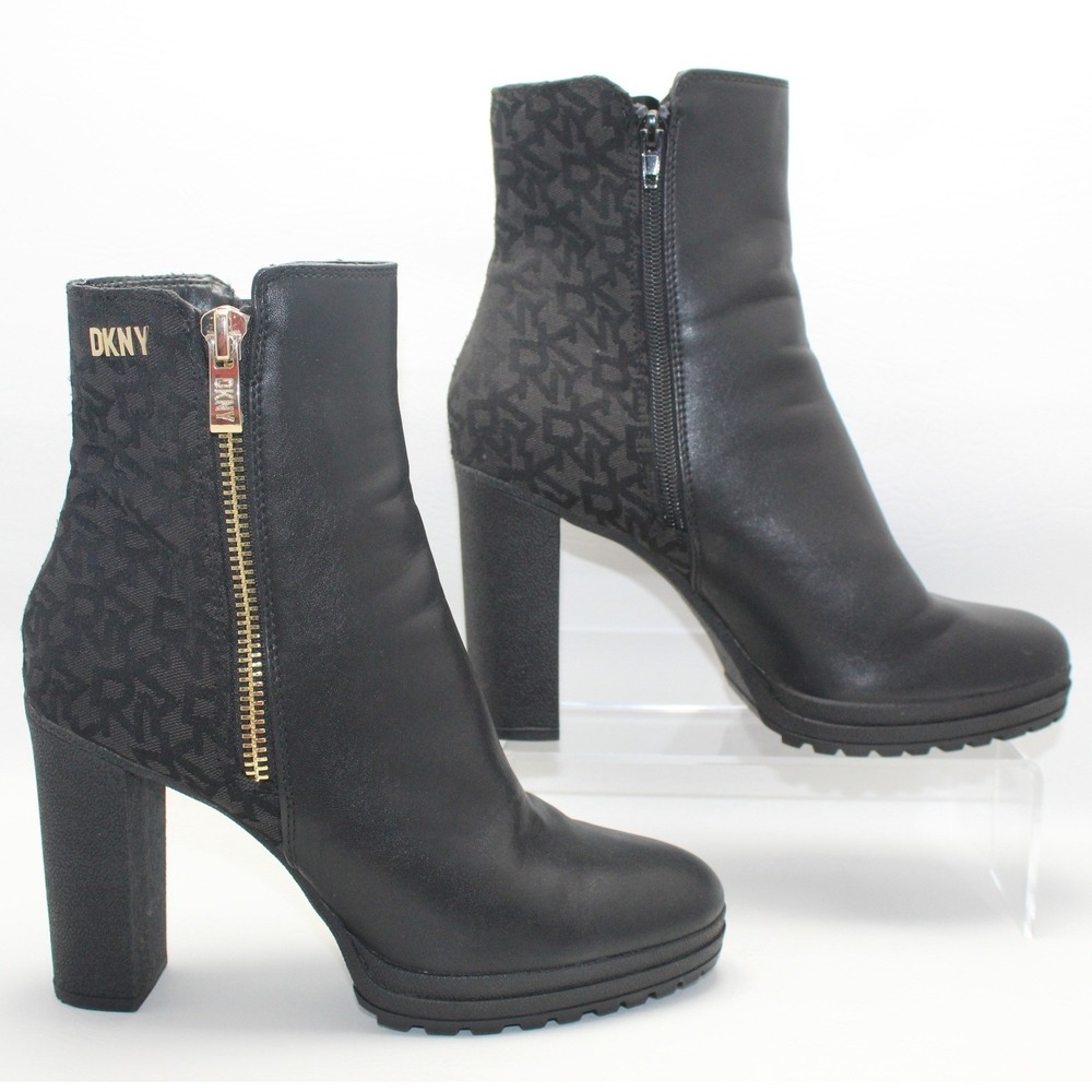 DKNY Black Logo Platform Ankle Boots Block Heel Lug Sole K3205327 Womens 9M NWOB